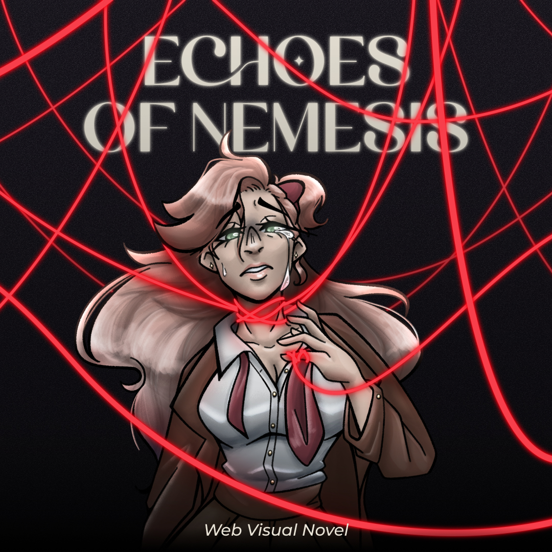 Banner illustration of the main character, Iris, caught in a web of red threads.
